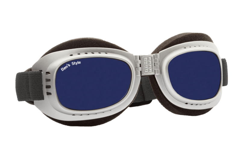 Hot II M -   Hundeschutzbrille Größe M  - Fassung: Chrom, Gläser: Blau  Größe/Gesamtgewicht: Länge: 16,5 cm, Breite: 4,7 cm / 44 g