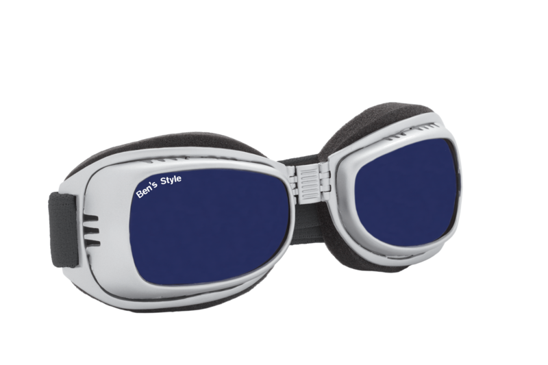 Hot II L -   Hundeschutzbrille Größe L   - Fassung: Chrom, Gläser: Blau  Größe/Gesamtgewicht: Länge: 20 cm, Breite: 5,5 cm / 64 g