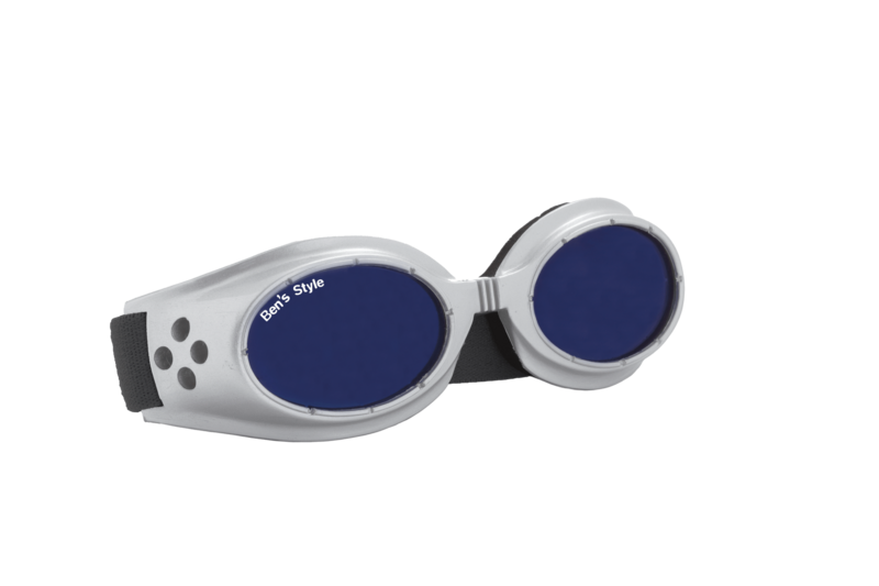 Hot II S -   Hundeschutzbrille Größe S  - Fassung: Chrom, Gläser: Blau  Größe/Gesamtgewicht: Länge: 13,5 cm, Breite: 4 cm / 40 g