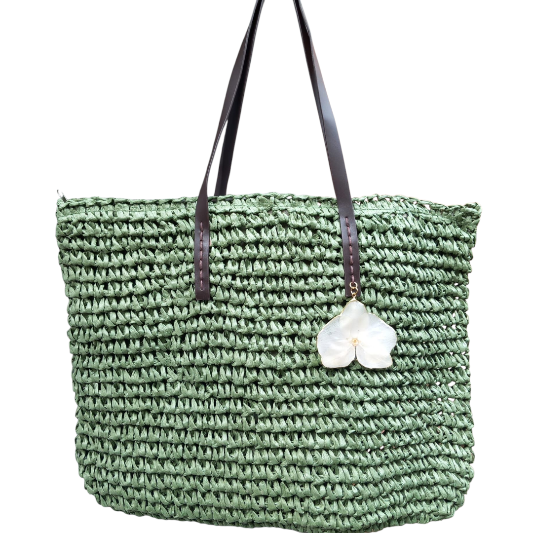 Borsa paglia verde orchidea bianca