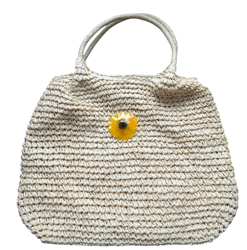 Borsa paglia con manici e girasole spilla
