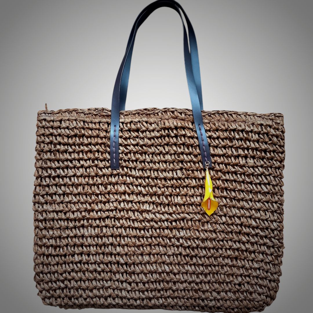 Borsa paglia marrone scuro con calla gialla