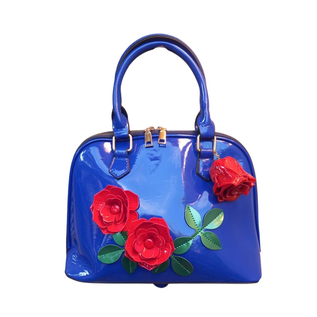 Borsa vernice blu con rosa rossa
