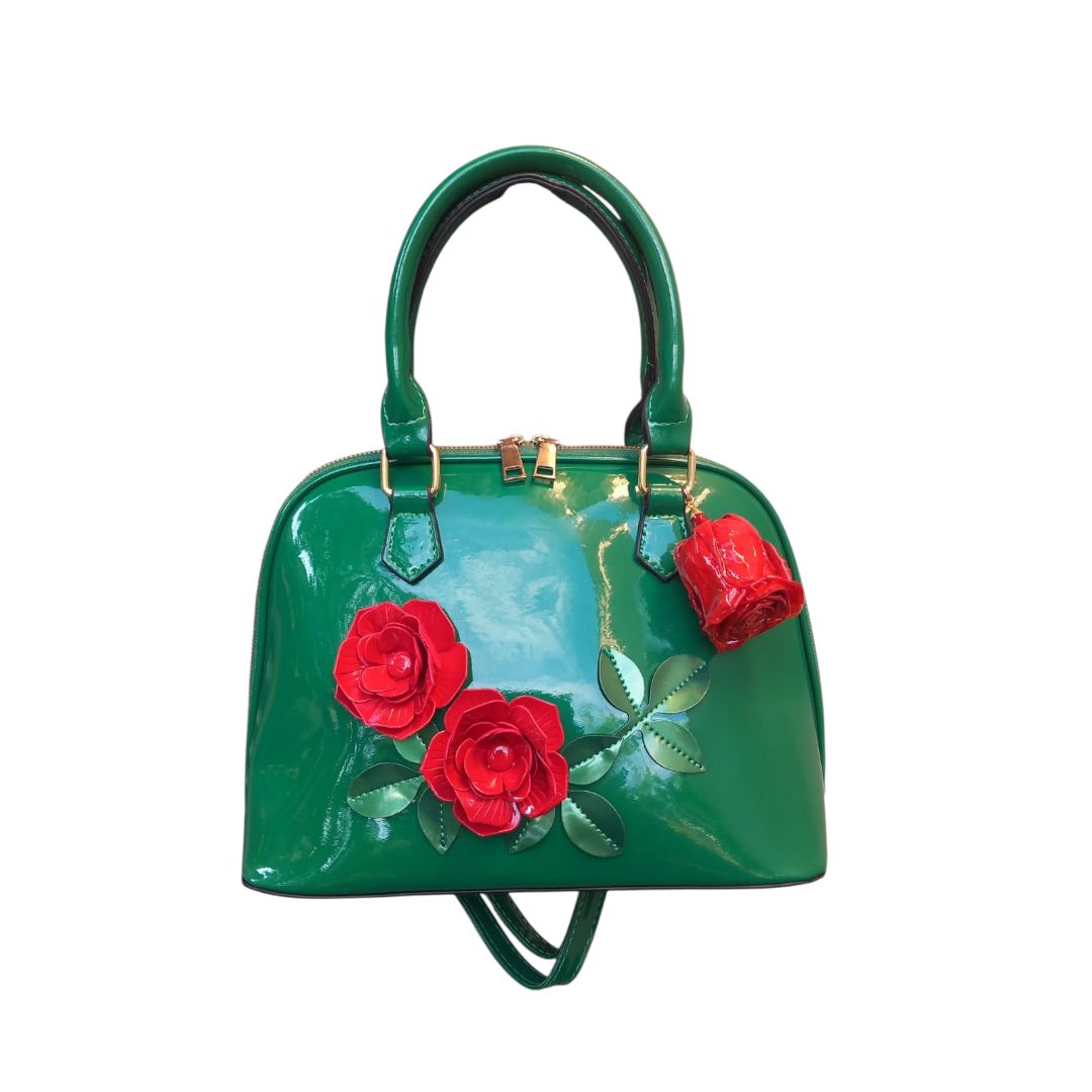 Borsa vernice verde con rosa rossa resinata