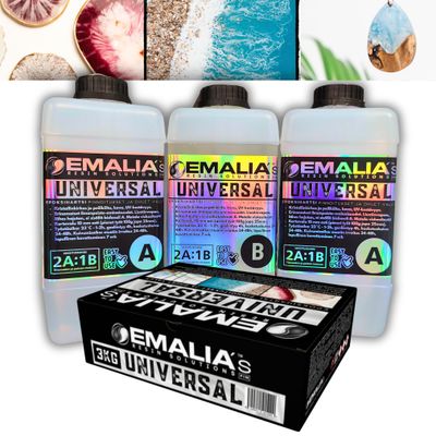 Emalia universal epoksihartsi 3kg setti, sisältää kaksi 1kg A osaa ja yhden 1kg B osan, toimitetaan laatikossa.
