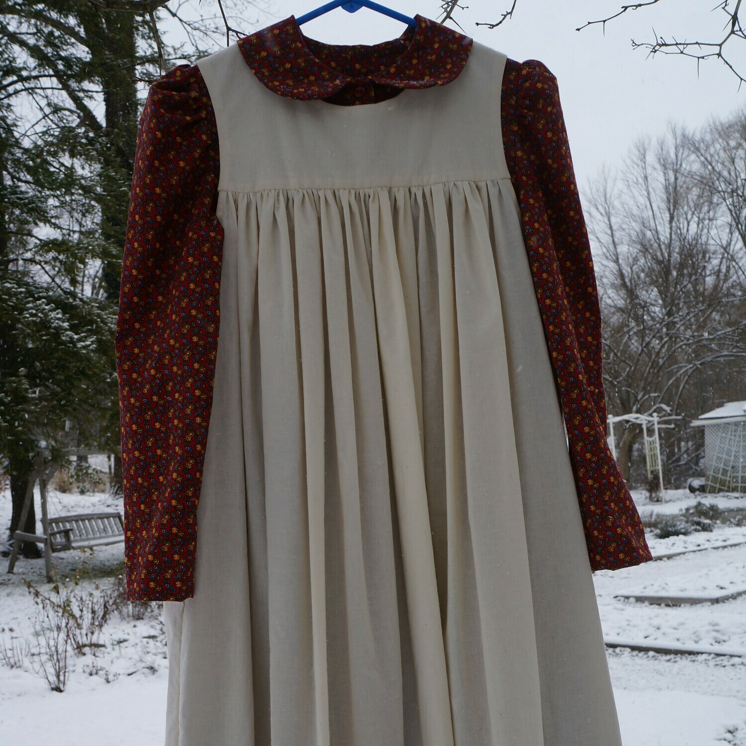 READY TO SHIP Girls&#39; Size 7 Red Floral Simply Sweet Dress with Optional Pinafore, Apron, or Bonnet