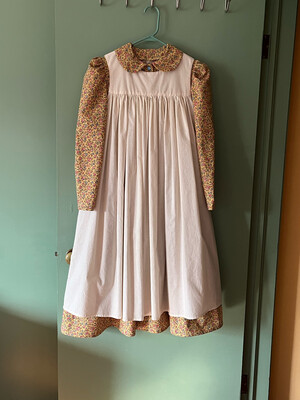 READY TO SHIP Girls&#39; Size 14 Simply Sweet Dress with Adelaide Sleeve &amp; Optional Pinafore, Apron | Gold Floral Print