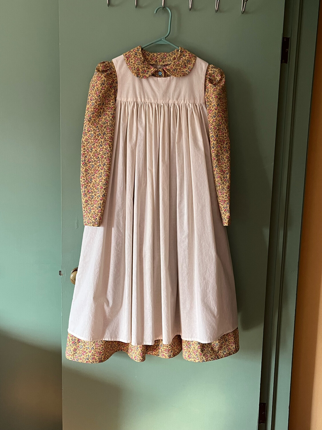 READY TO SHIP Girls&#39; Size 14 Simply Sweet Dress with Adelaide Sleeve &amp; Optional Pinafore, Apron | Gold Floral Print