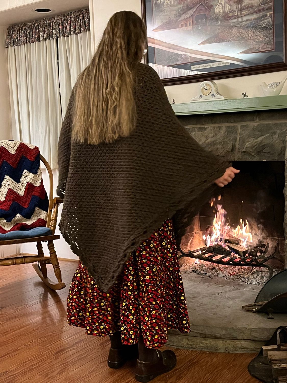 100% Wool V-Shawl Crocheted Shawl, Nature&#39;s Brown