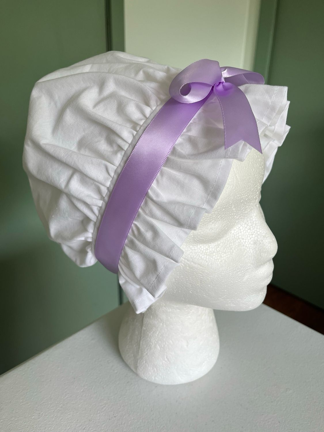 Womens' Cotton Ruffled Dormeuse Cap with Ribbons