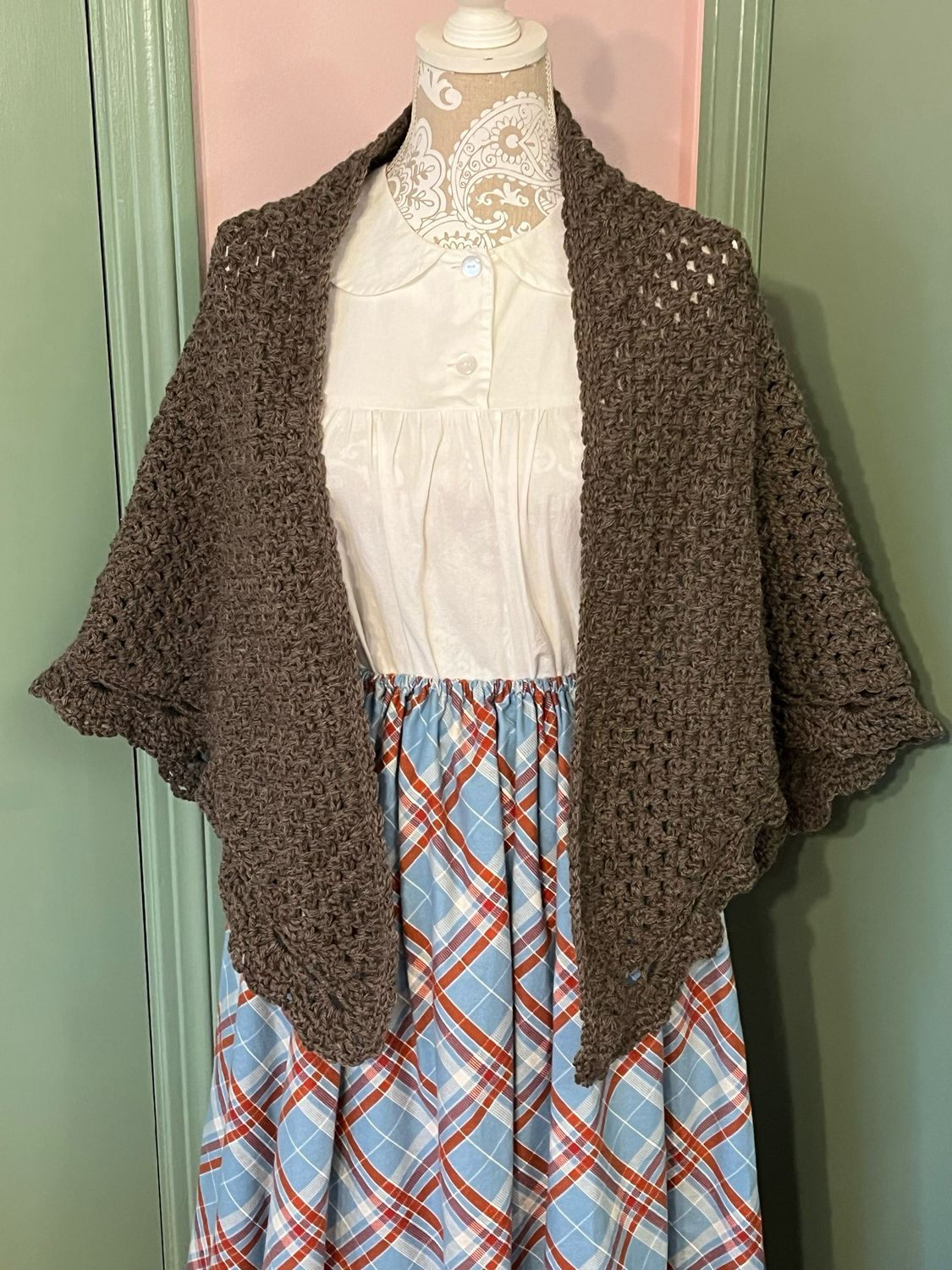 100% Wool V-Shawl Crocheted Shawl, Brown Heather