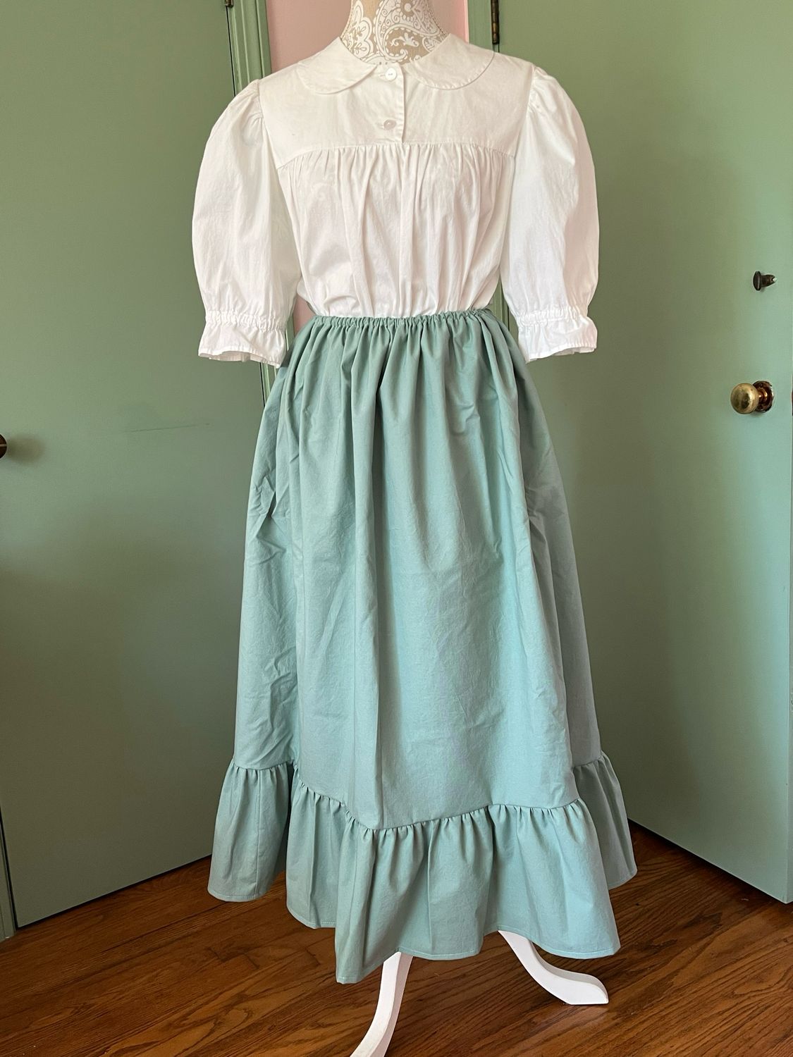 READY TO SHIP Women's Two-Panel Slightly Flared Comfort Drawstring Skirt W/Hem Ruffle In Dream Cotton Sage