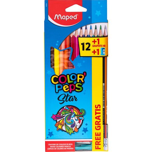 COLOR PEPS STAR COLORES SURTIDOS 12 UNIDADES + LAPIZ + SACAPUNTAS MAPED