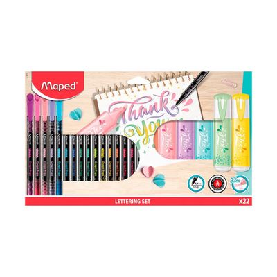 SET DE LETTERING TONOS PASTEL 16 FIBRAS + 6 RESALTADORES