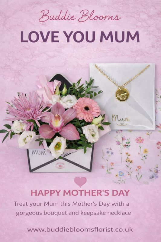 Love you Mum Envelope Flowers &amp; bespoke heart necklace 🩷