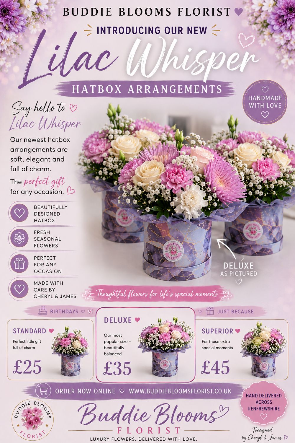 Lilac whisper hatbox arrangement