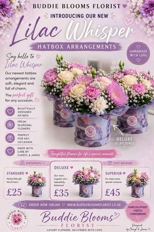 Lilac whisper hatbox arrangement