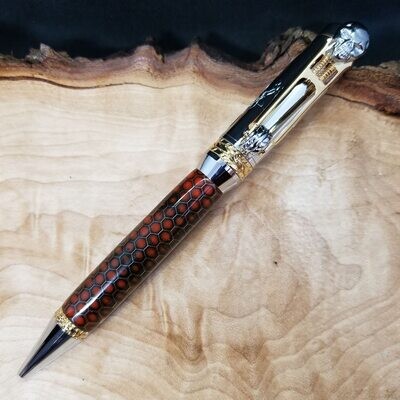 Motorcycle Orange and Black Honeycomb Ballpoint Pen with Gold and Chrome Finish