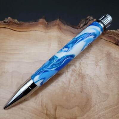 Blue and White Fidget Spinner Rollerball Pen with Chrome Finish