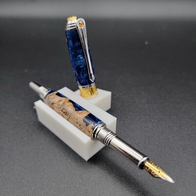 Art Deco Fountain Pen with Hybrid Wood and Blue Resin with Rhodium and 24K Gold Finish