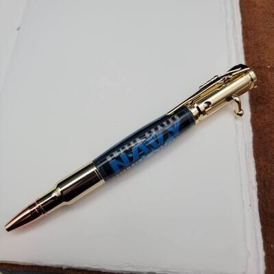 Navy Bolt Action Ballpoint Pen with Gold Finish