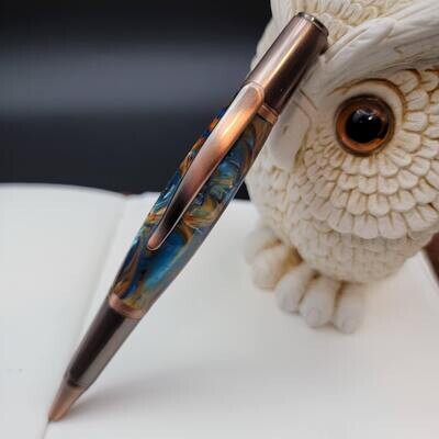 Sierra Style Blue and Orange Ballpoint Twist Pen with Antique Copper Finish