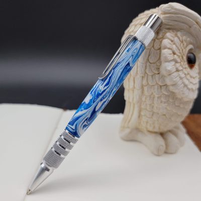 Blue & White Dura Click Ballpoint Pen w/ Aluminum Fin.