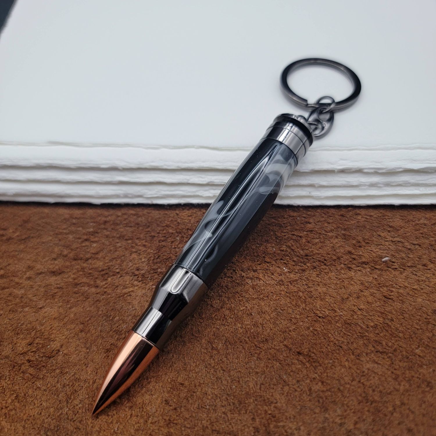 Dark Black Mixed Camo Bullet Keychain with Gun Metal
