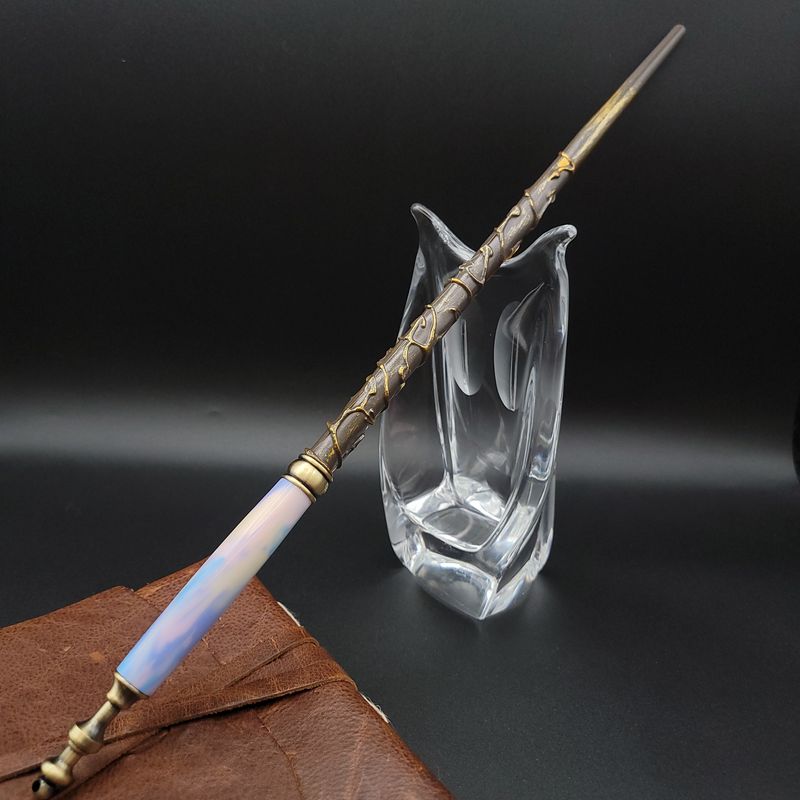 Light Blue and White Unicorn Wand with Antique Brass Finish