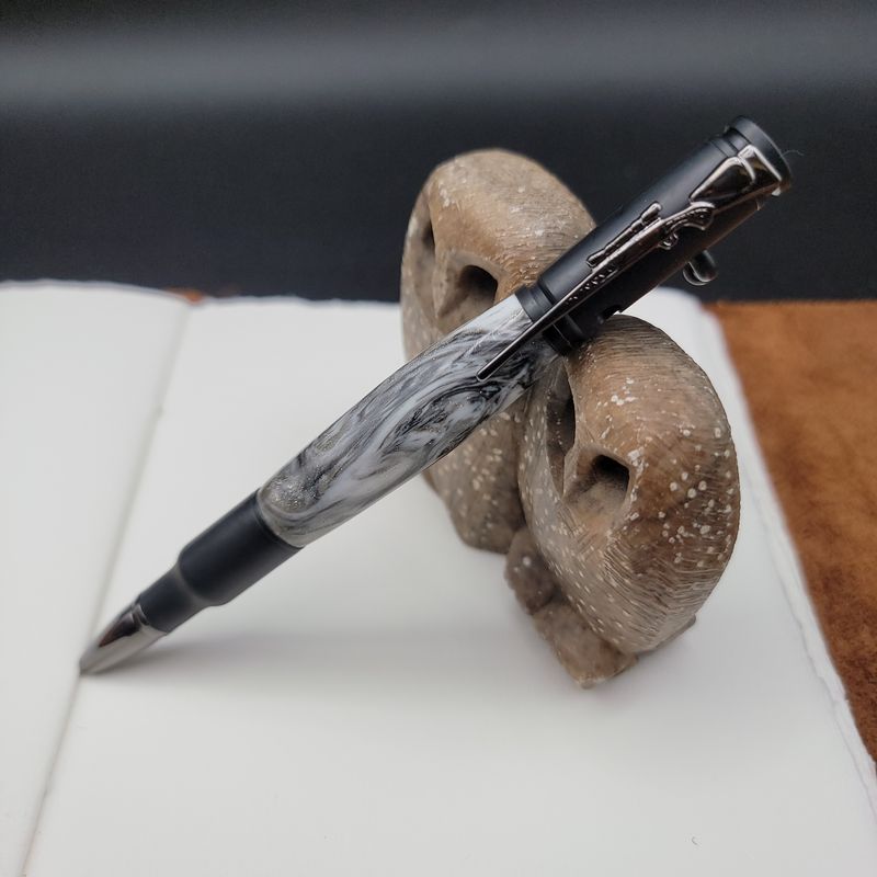 Silver and White Mixed Bolt Action Ballpoint Pen with Black Enamel and Gun Metal Finish