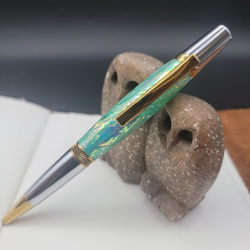 Diamond Knurl Style Abalone Style Foil Ballpoint Pen with Titanium Gold and Chrome Finish