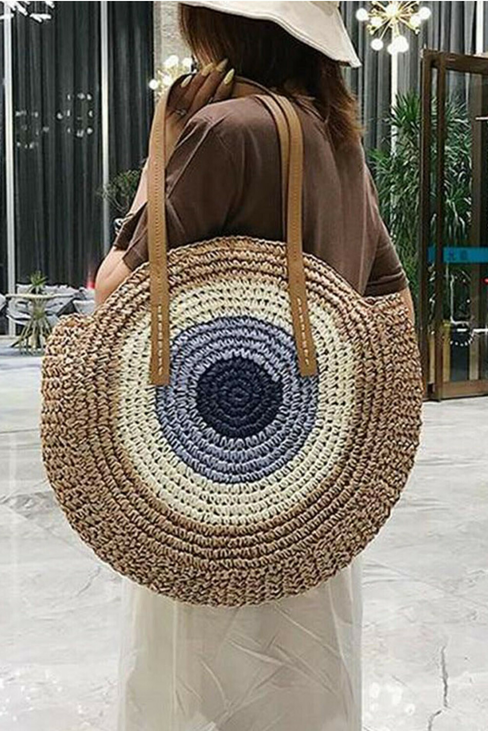 Apricot Color block Straw Round Bag