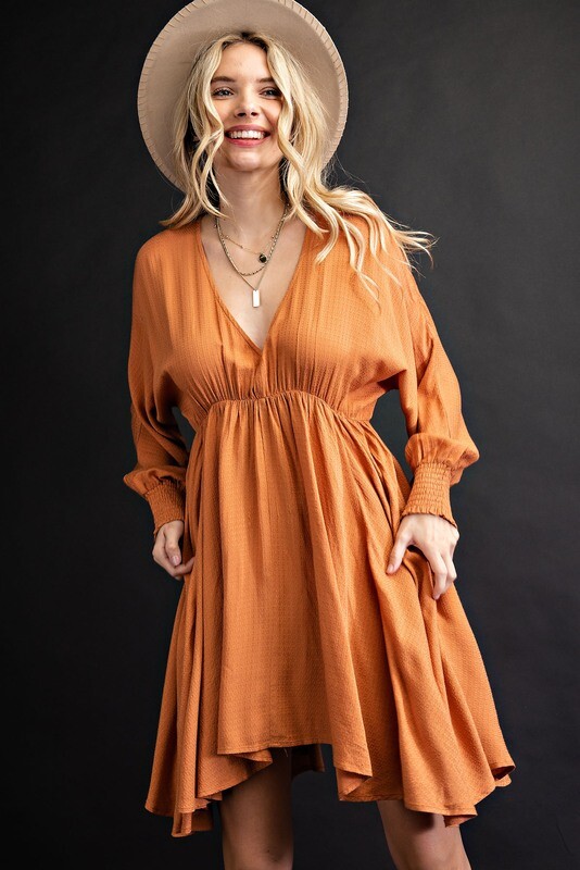 Rust Flare Hem V Neck Dress