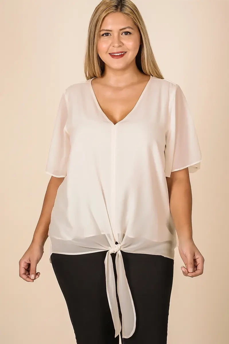 Taupe Chiffon Front Tie Top Plus Size