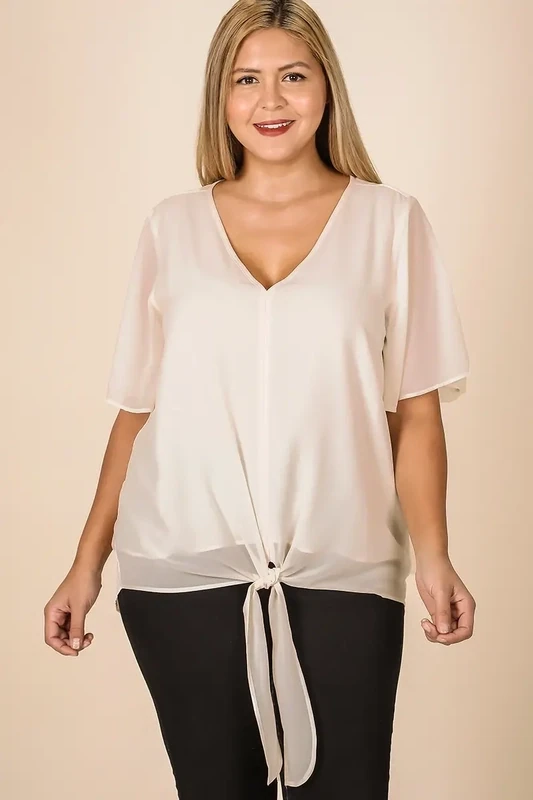 Taupe Chiffon Front Tie Top Plus Size