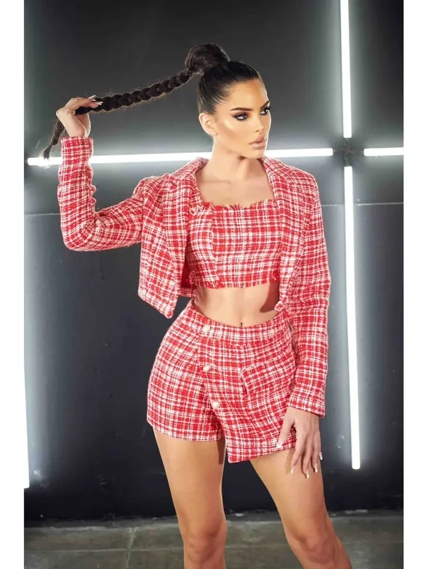 Three Piece Red Tweed Short Set