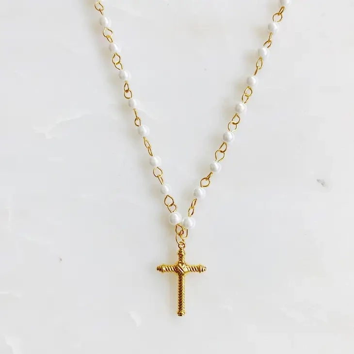 Gold Cabled Pearl Cross Necklace