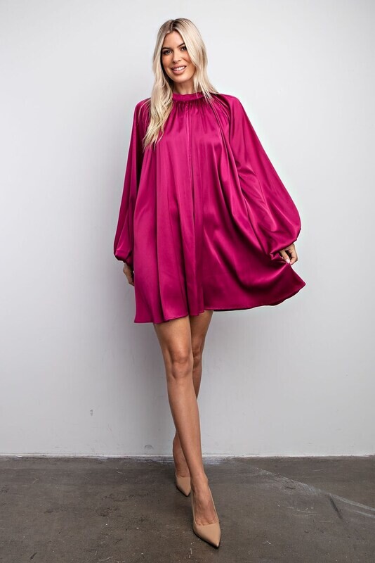 Plum High Neck Long Sleeve Satin Dress