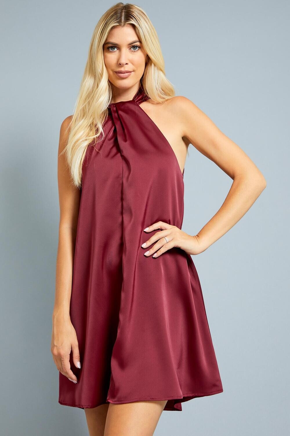 Burgendy Pleated Halter Dress
