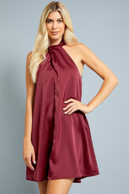 Burgendy Pleated Halter Dress