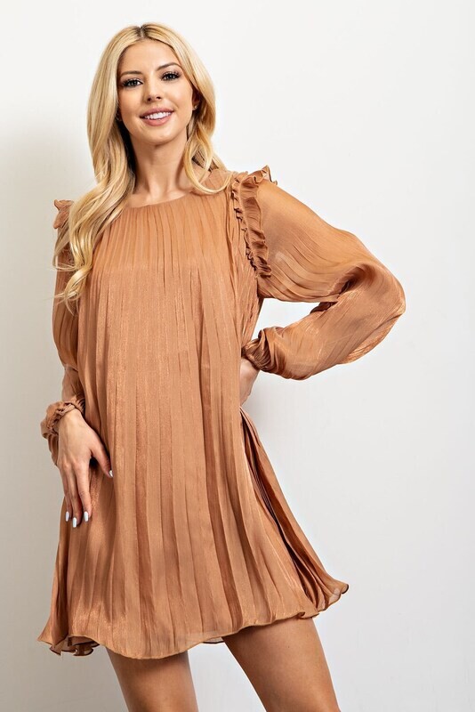 Camel Ruffle Shoulder Shiny Mini Dress