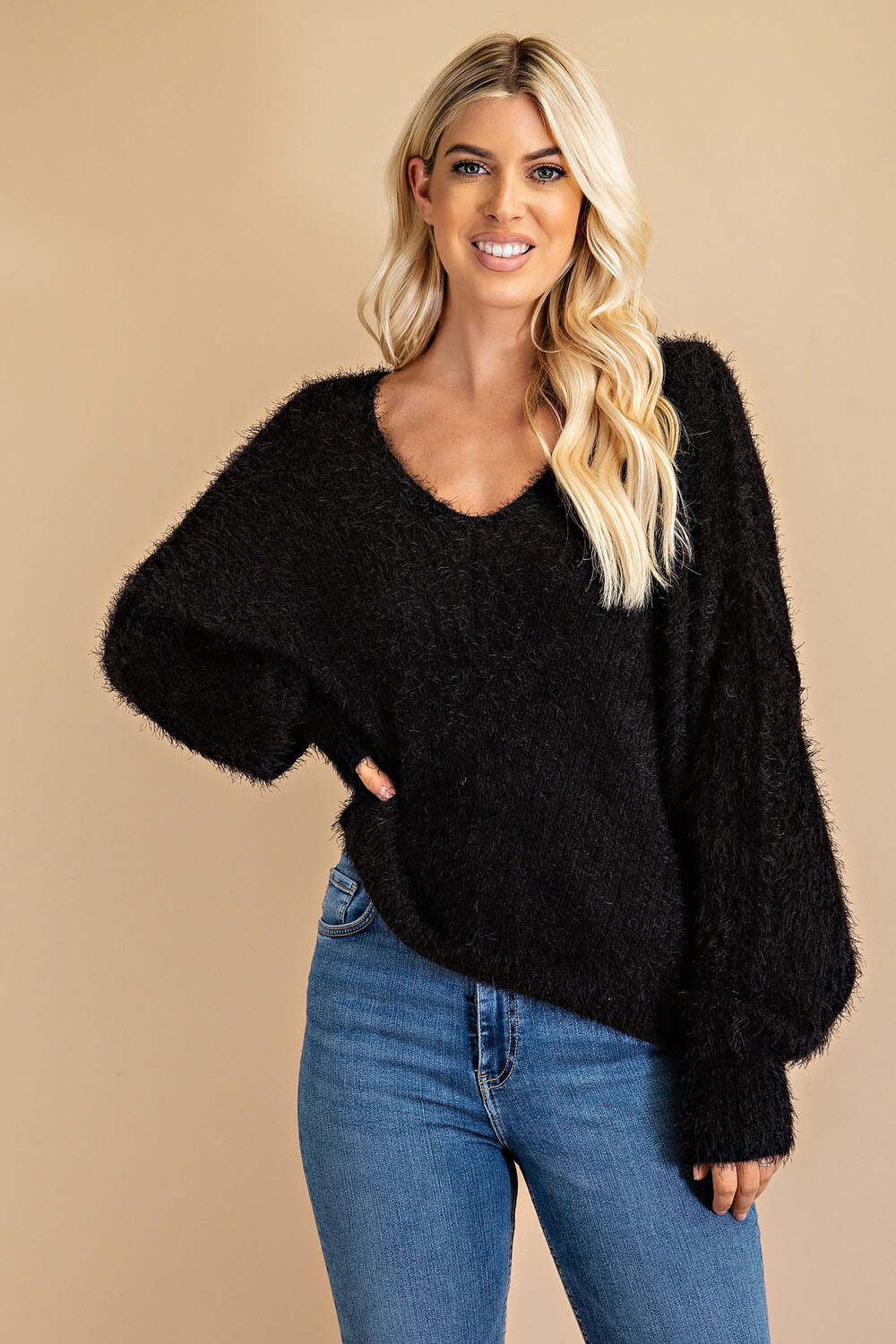 Black Fuzzy V Neck Sweater