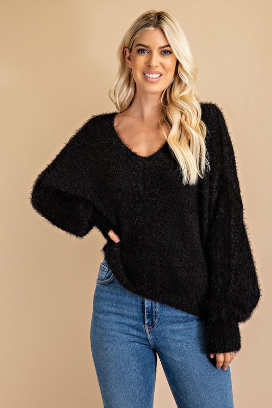 Black Fuzzy V Neck Sweater