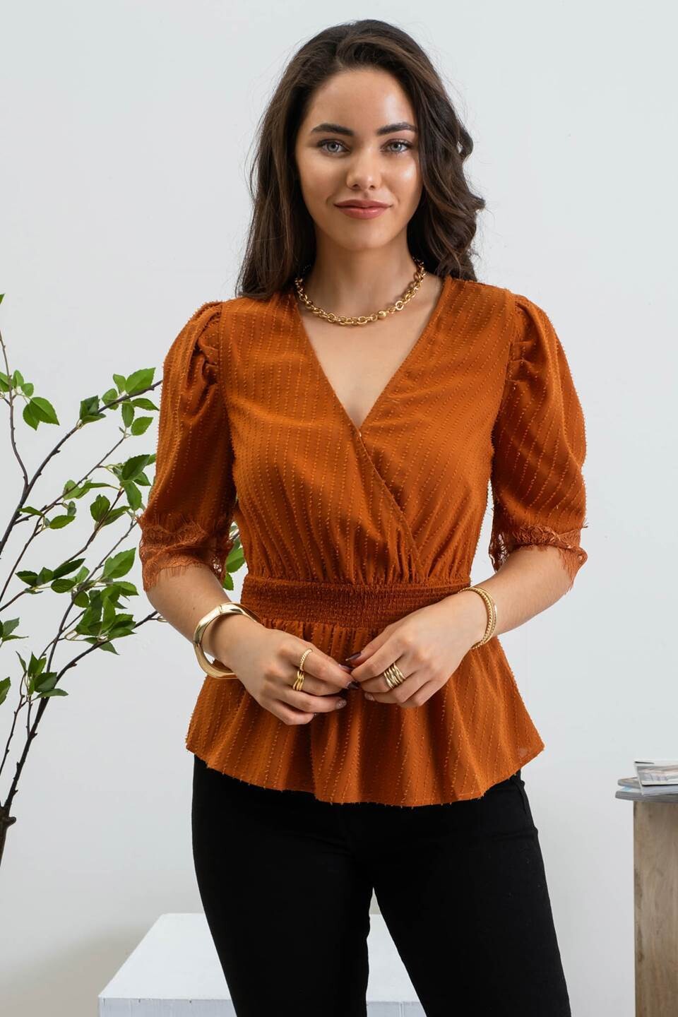 Copper Lace Sleeve Woven Top