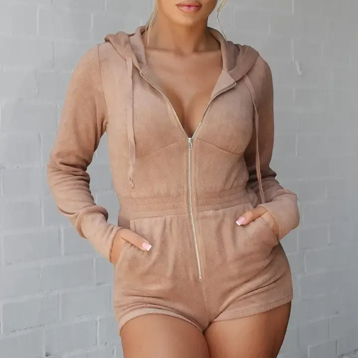 Taupe Terry Cloth Hooded Romper