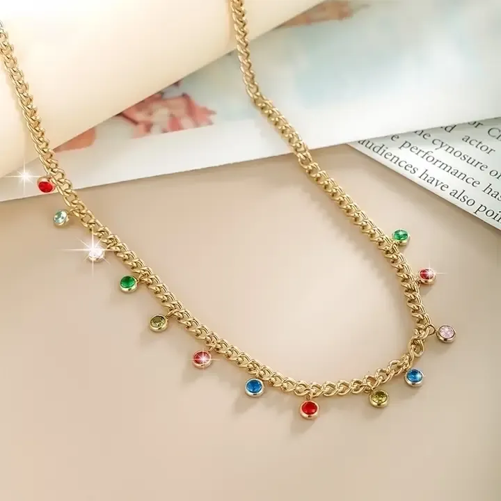Gold Necklace W Color Gem Stones