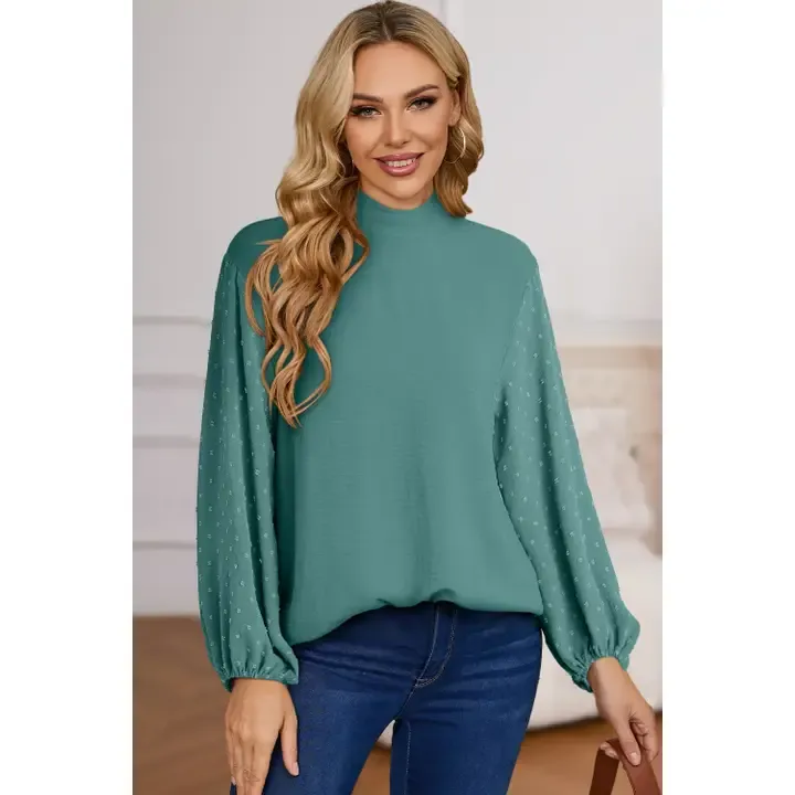 Green Dot Balloon Sleeve Blouse