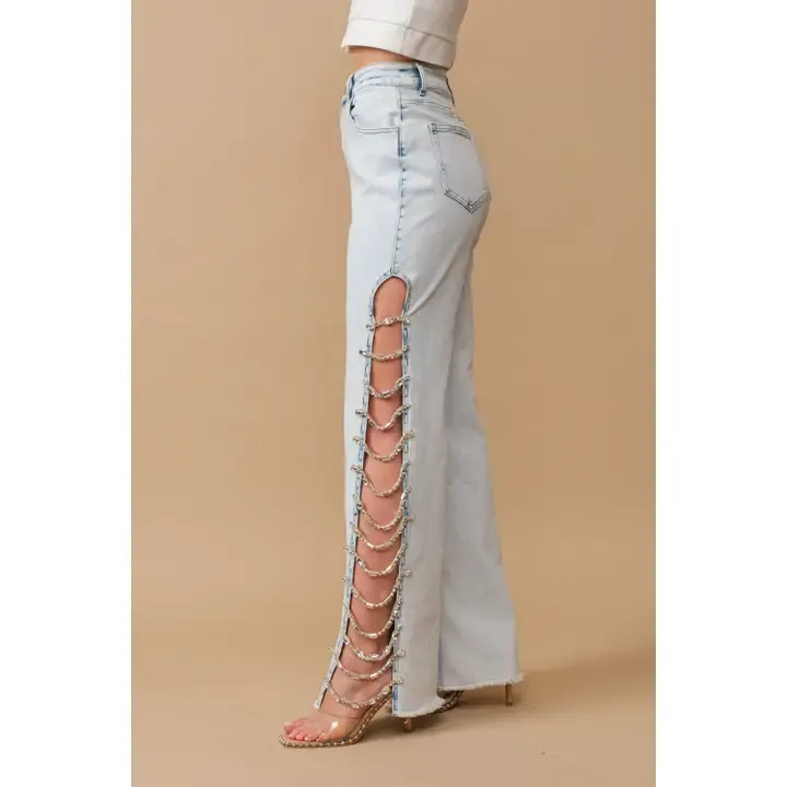 Light Wash Denim Jeans W Side Cut Out Jewels