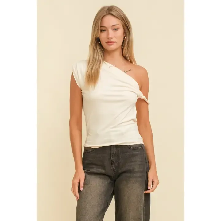 Cream Off The Shoulder Asymmetrical Top