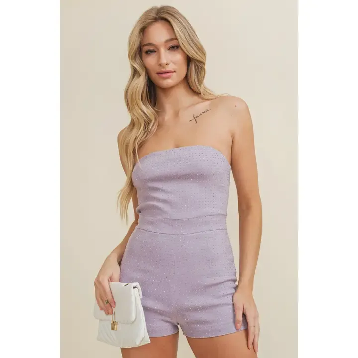 Lavender All Over Rhinestone Strapless Romper
